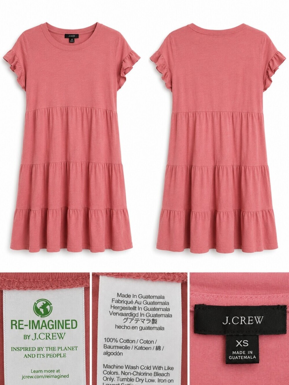 J.Crew XS Pink Tiered Ruffle Sleeve Mini Dress 100% Cotton Casual Re-Imagined.